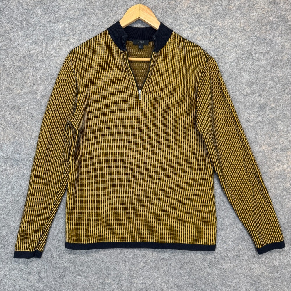 COS Textured Organic Sweater Mens Small Quarter Zip Black Yellow Mock Neck Knit